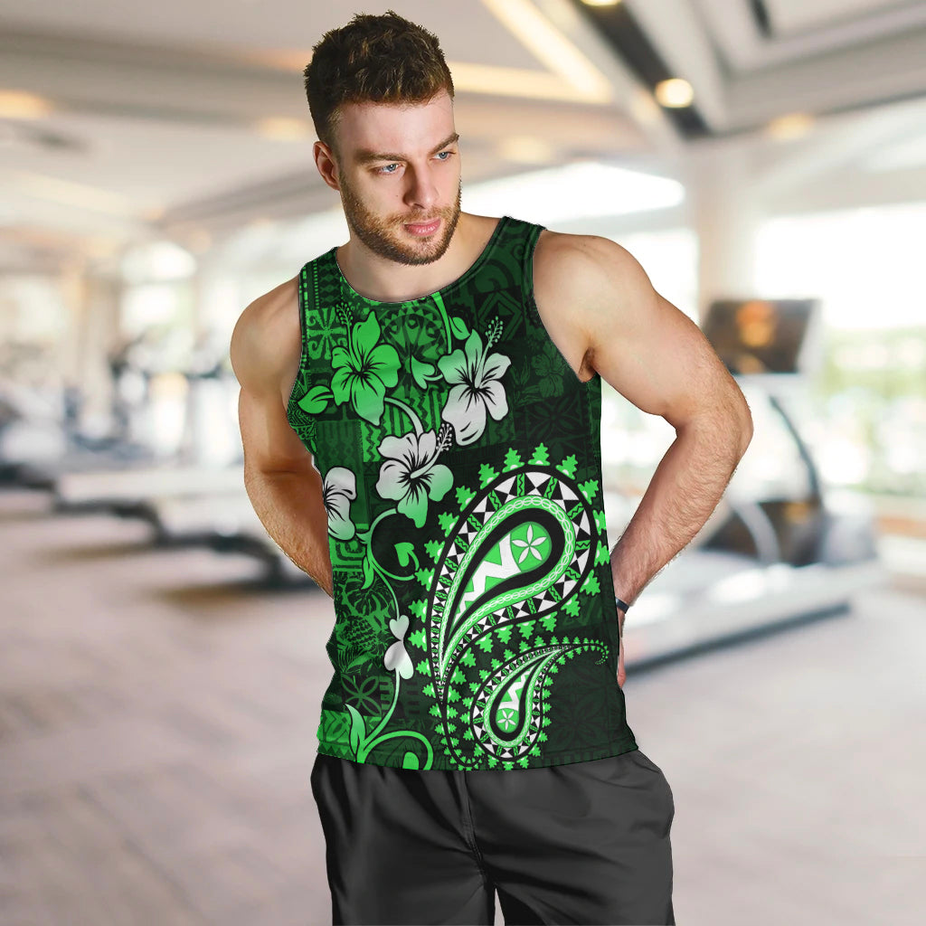 Fiji Masi Paisley With Hibiscus Tapa Men Tank Top Green Version LT01 Green - Polynesian Pride