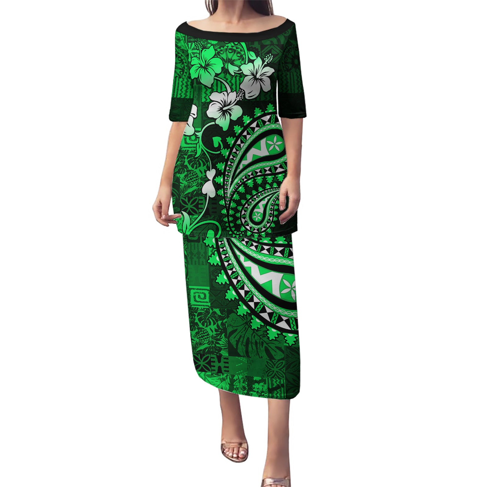 Fiji Masi Paisley With Hibiscus Tapa Puletasi Green Version LT01 Long Dress Green - Polynesian Pride