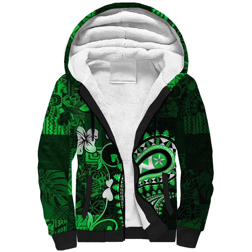 Fiji Masi Paisley With Hibiscus Tapa Sherpa Hoodie Green Version LT01 Unisex Green - Polynesian Pride