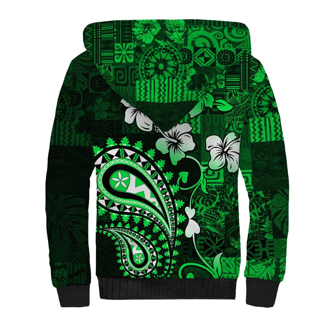 Fiji Masi Paisley With Hibiscus Tapa Sherpa Hoodie Green Version LT01 - Polynesian Pride