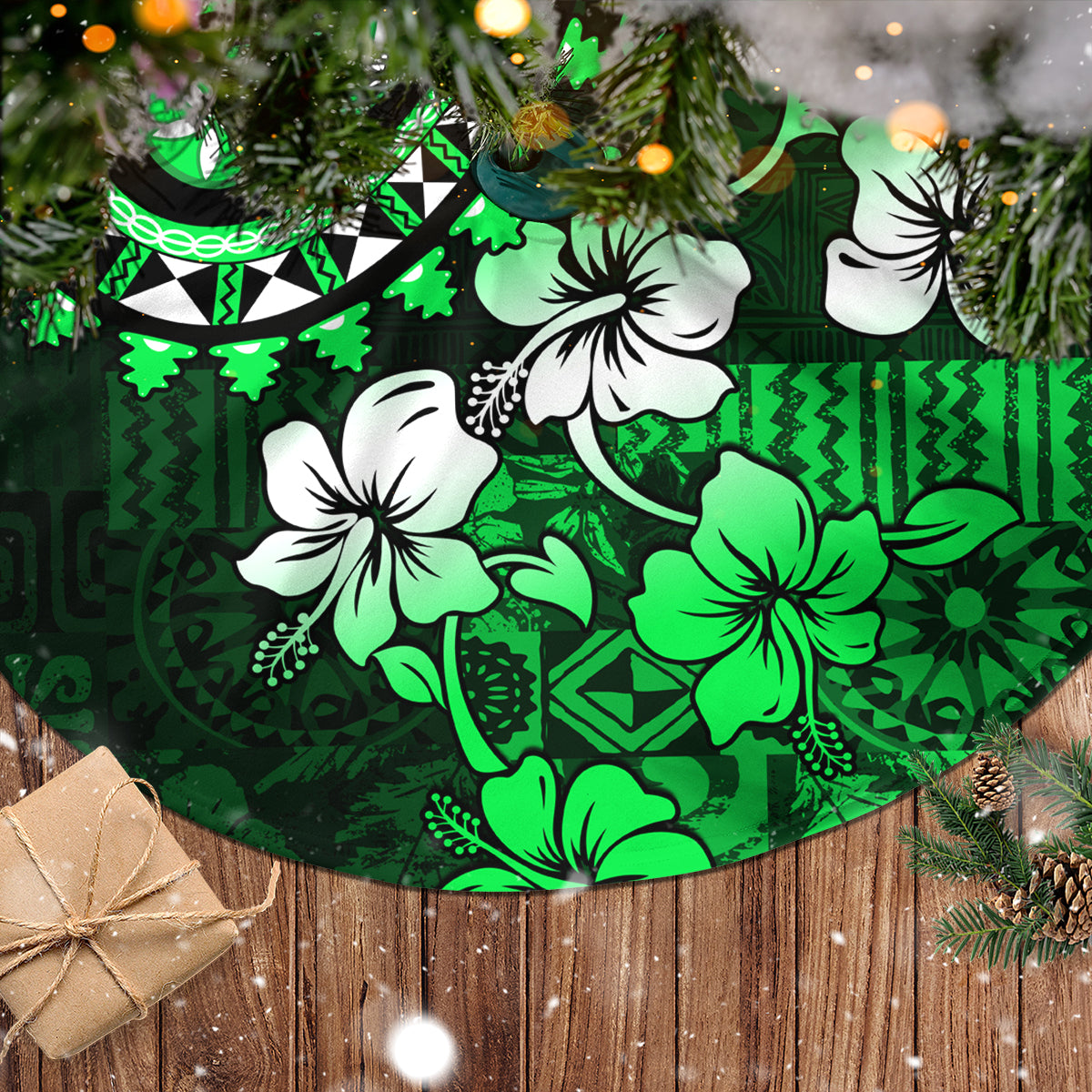 Fiji Masi Paisley With Hibiscus Tapa Tree Skirt Green Version LT01 - Polynesian Pride