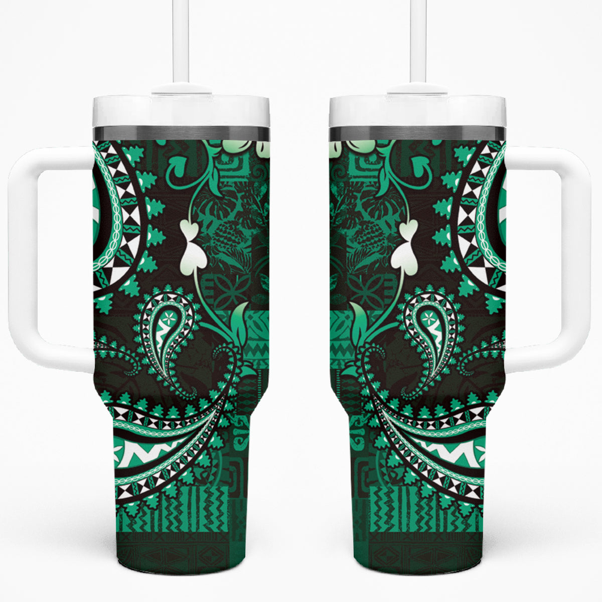 Fiji Masi Paisley With Hibiscus Tapa Tumbler With Handle Green Version