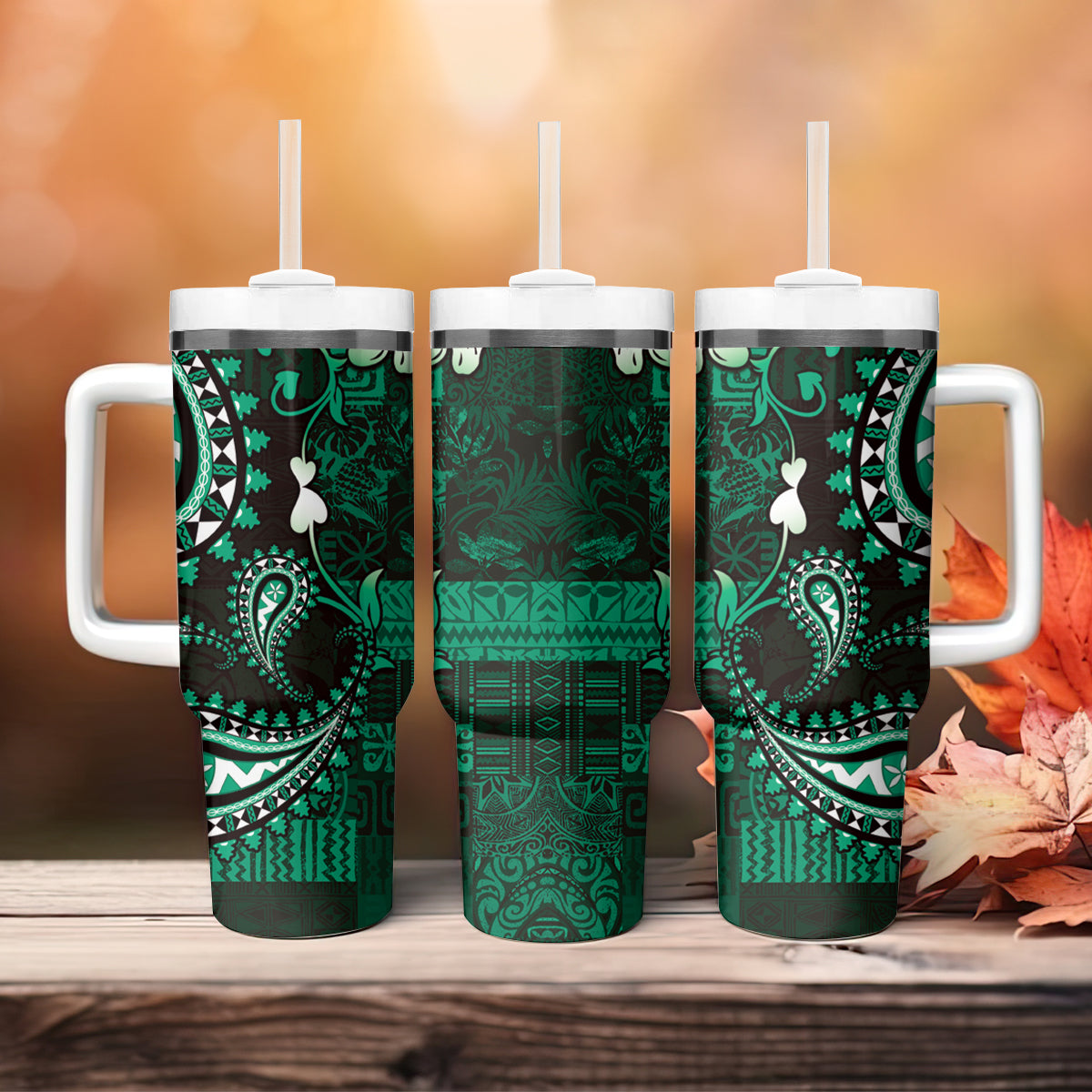 Fiji Masi Paisley With Hibiscus Tapa Tumbler With Handle Green Version