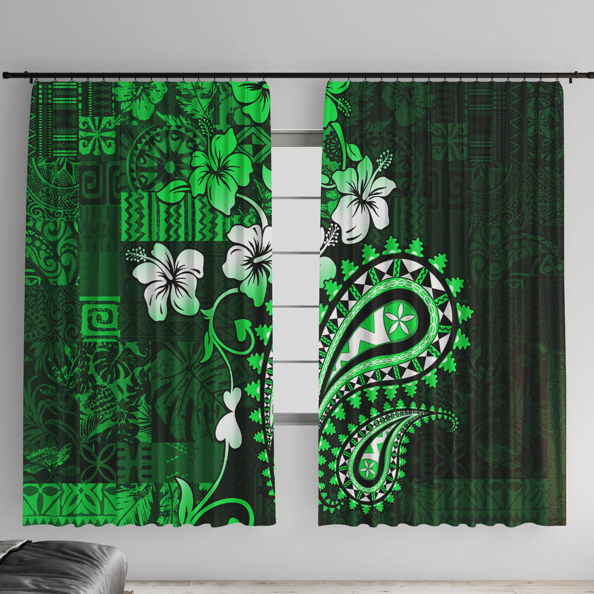 Fiji Masi Paisley With Hibiscus Tapa Window Curtain Green Version LT01 With Hooks Green - Polynesian Pride