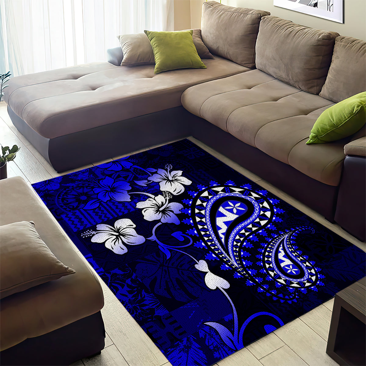 Fiji Masi Paisley With Hibiscus Tapa Area Rug Navy Blue Version LT01 - Polynesian Pride