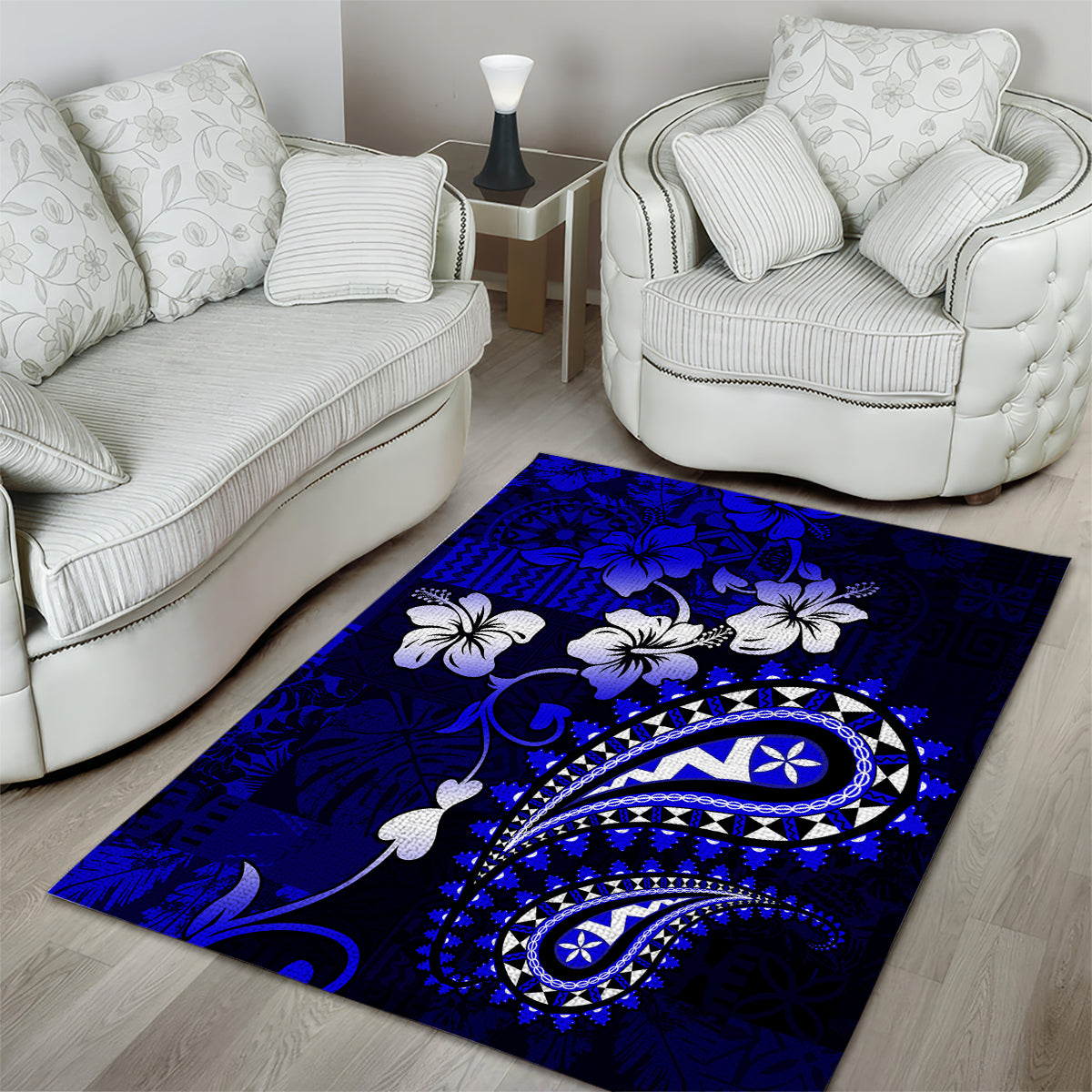 Fiji Masi Paisley With Hibiscus Tapa Area Rug Navy Blue Version LT01 - Polynesian Pride