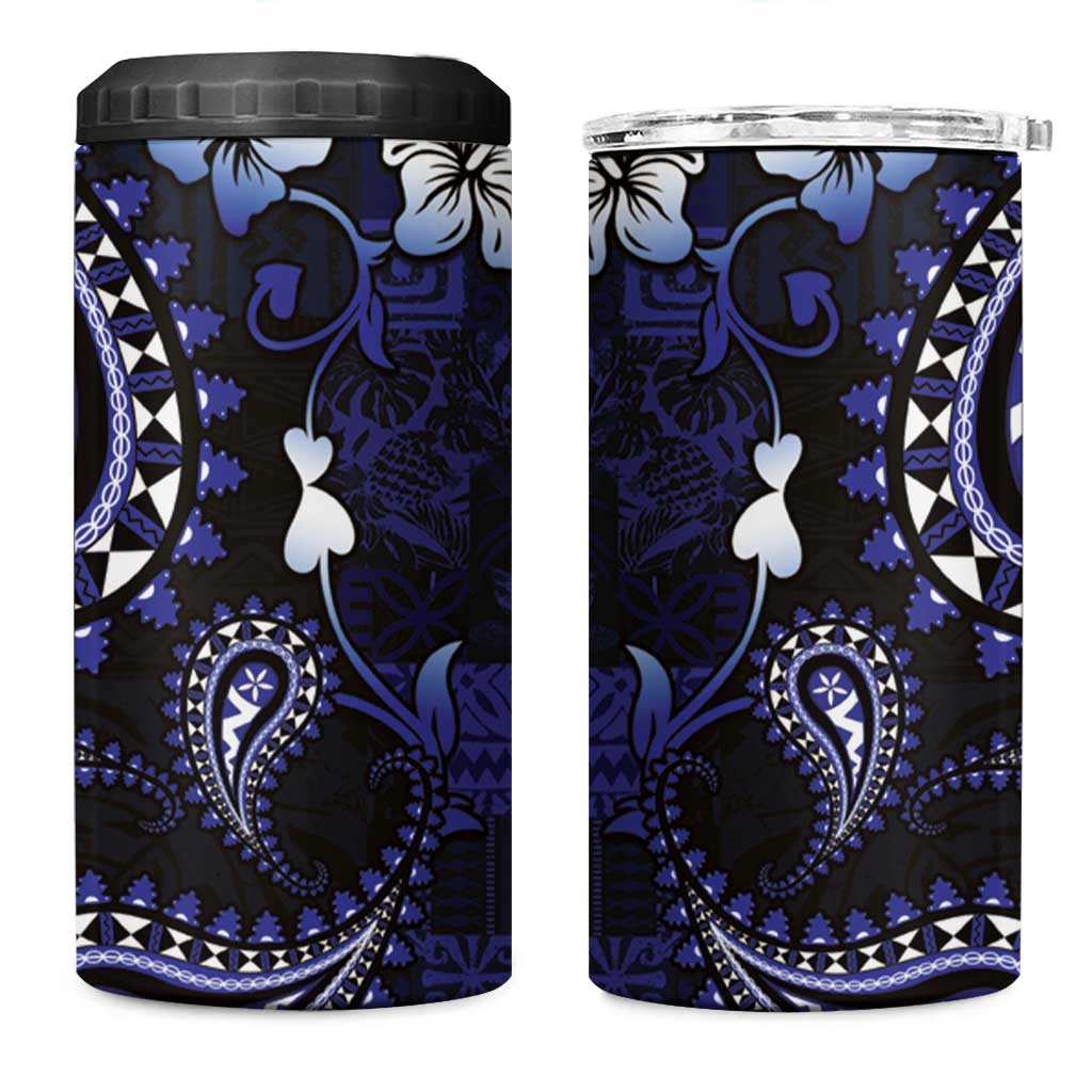 Fiji Masi Paisley With Hibiscus Tapa 4 in 1 Can Cooler Tumbler Navy Blue Version