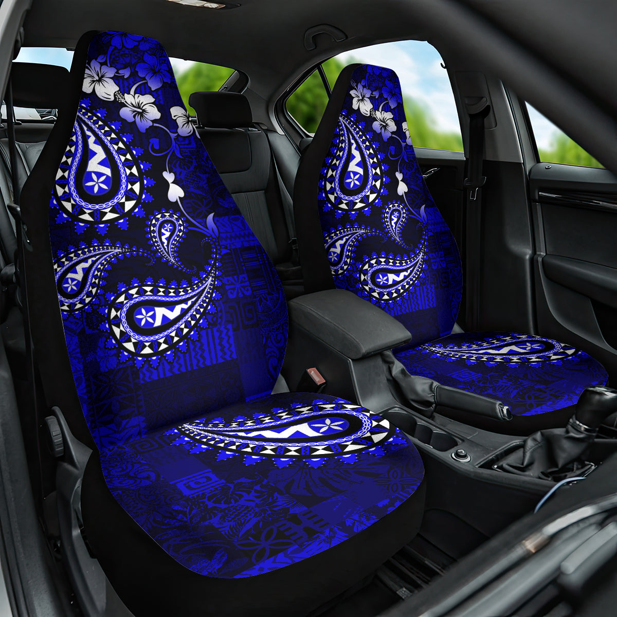 Fiji Masi Paisley With Hibiscus Tapa Car Seat Cover Navy Blue Version LT01 One Size Blue - Polynesian Pride