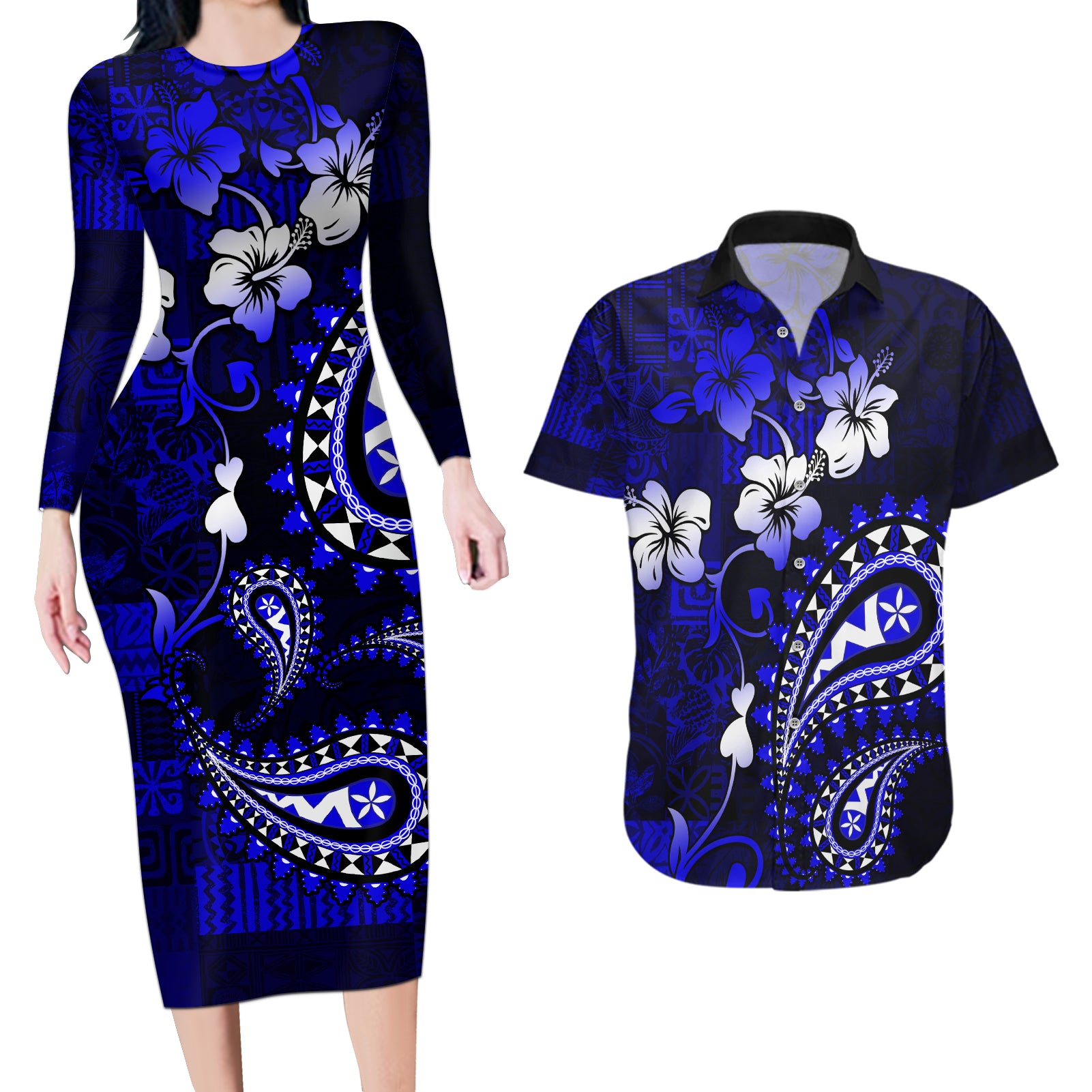 Fiji Masi Paisley With Hibiscus Tapa Couples Matching Long Sleeve Bodycon Dress and Hawaiian Shirt Navy Blue Version LT01 Blue - Polynesian Pride