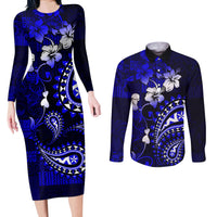 Fiji Masi Paisley With Hibiscus Tapa Couples Matching Long Sleeve Bodycon Dress and Long Sleeve Button Shirt Navy Blue Version LT01 Blue - Polynesian Pride