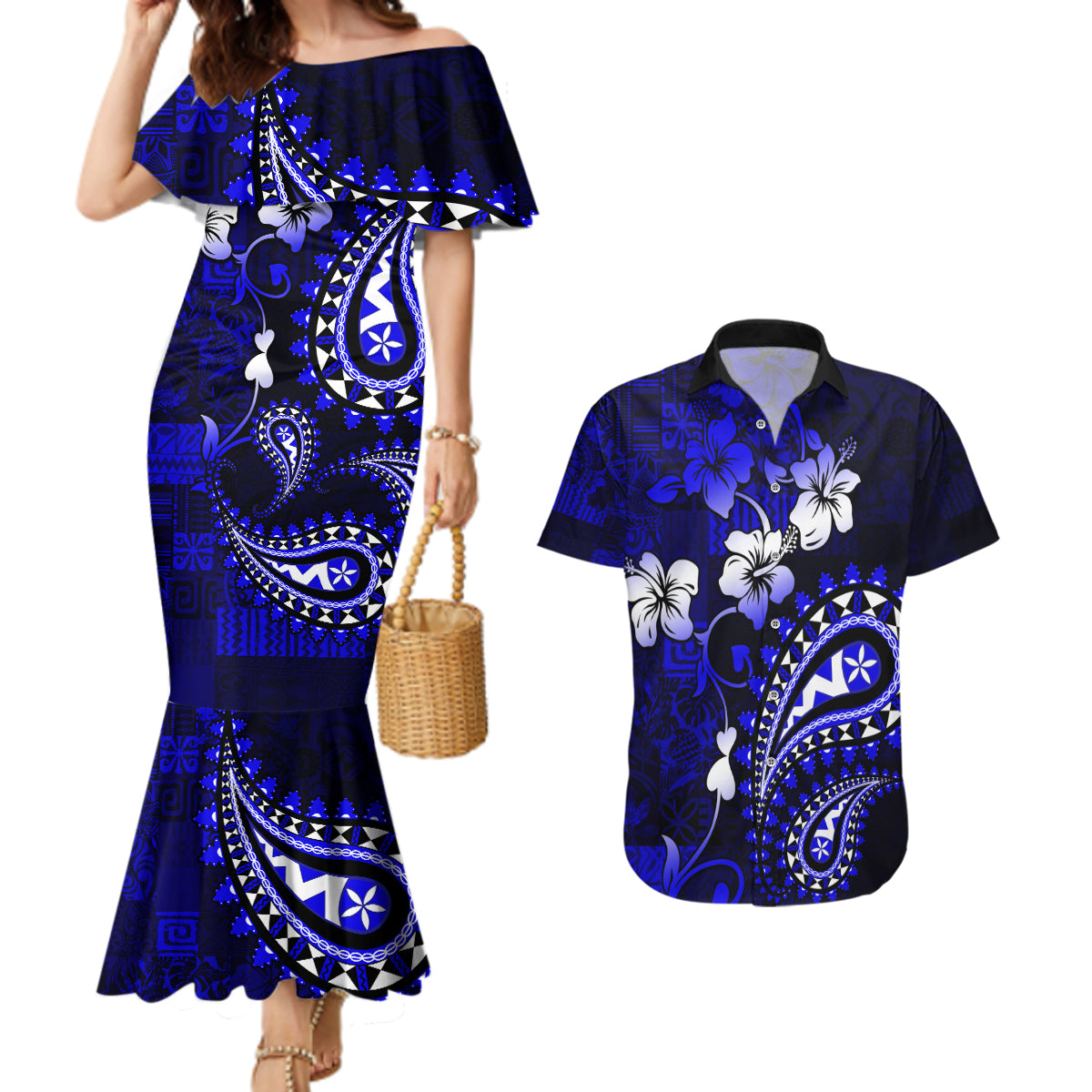 Fiji Masi Paisley With Hibiscus Tapa Couples Matching Mermaid Dress and Hawaiian Shirt Navy Blue Version LT01 Blue - Polynesian Pride