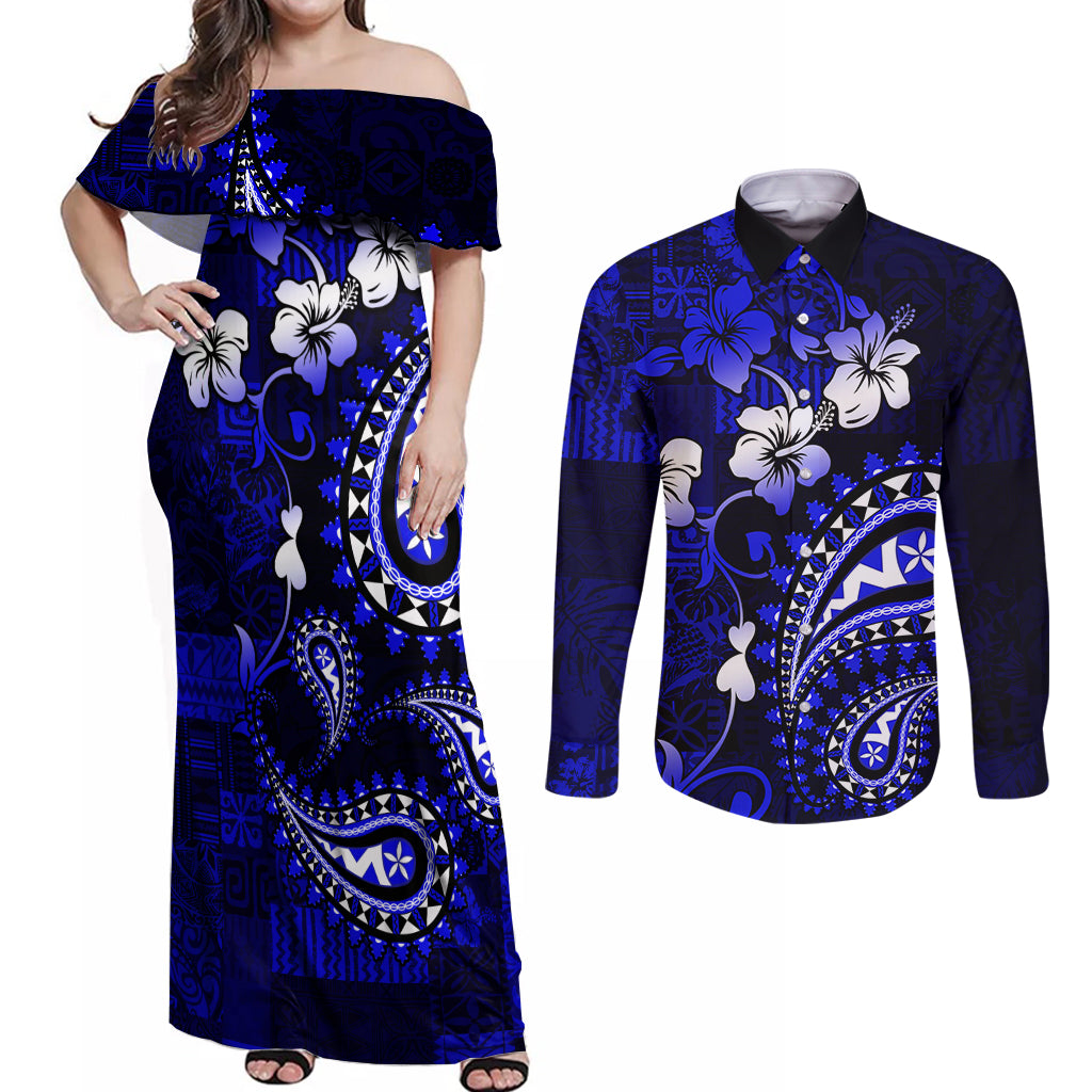 Fiji Masi Paisley With Hibiscus Tapa Couples Matching Off Shoulder Maxi Dress and Long Sleeve Button Shirt Navy Blue Version LT01 Blue - Polynesian Pride