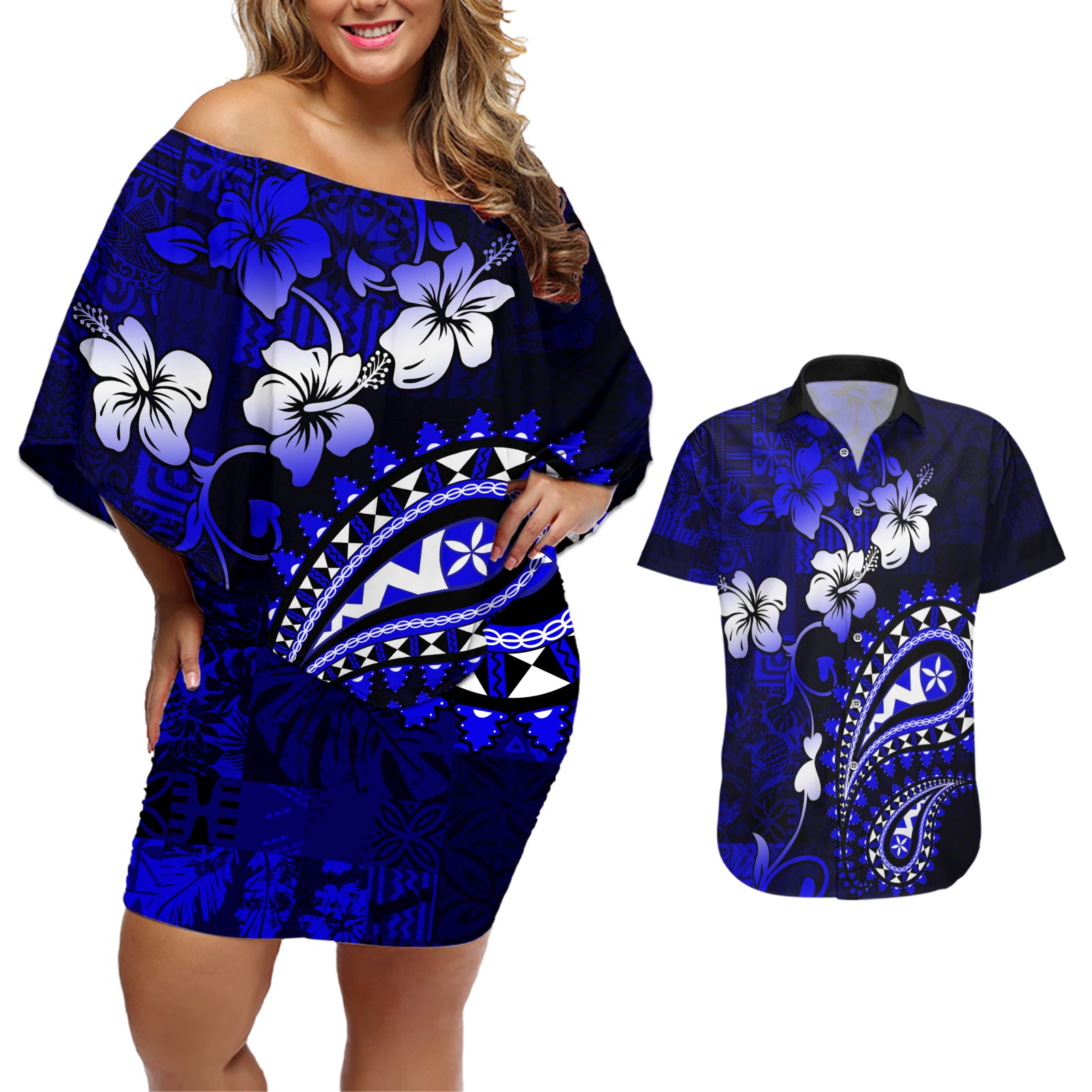 Fiji Masi Paisley With Hibiscus Tapa Couples Matching Off Shoulder Short Dress and Hawaiian Shirt Navy Blue Version LT01 Blue - Polynesian Pride