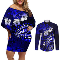 Fiji Masi Paisley With Hibiscus Tapa Couples Matching Off Shoulder Short Dress and Long Sleeve Button Shirt Navy Blue Version LT01 Blue - Polynesian Pride