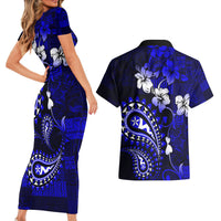 Fiji Masi Paisley With Hibiscus Tapa Couples Matching Short Sleeve Bodycon Dress and Hawaiian Shirt Navy Blue Version LT01 - Polynesian Pride