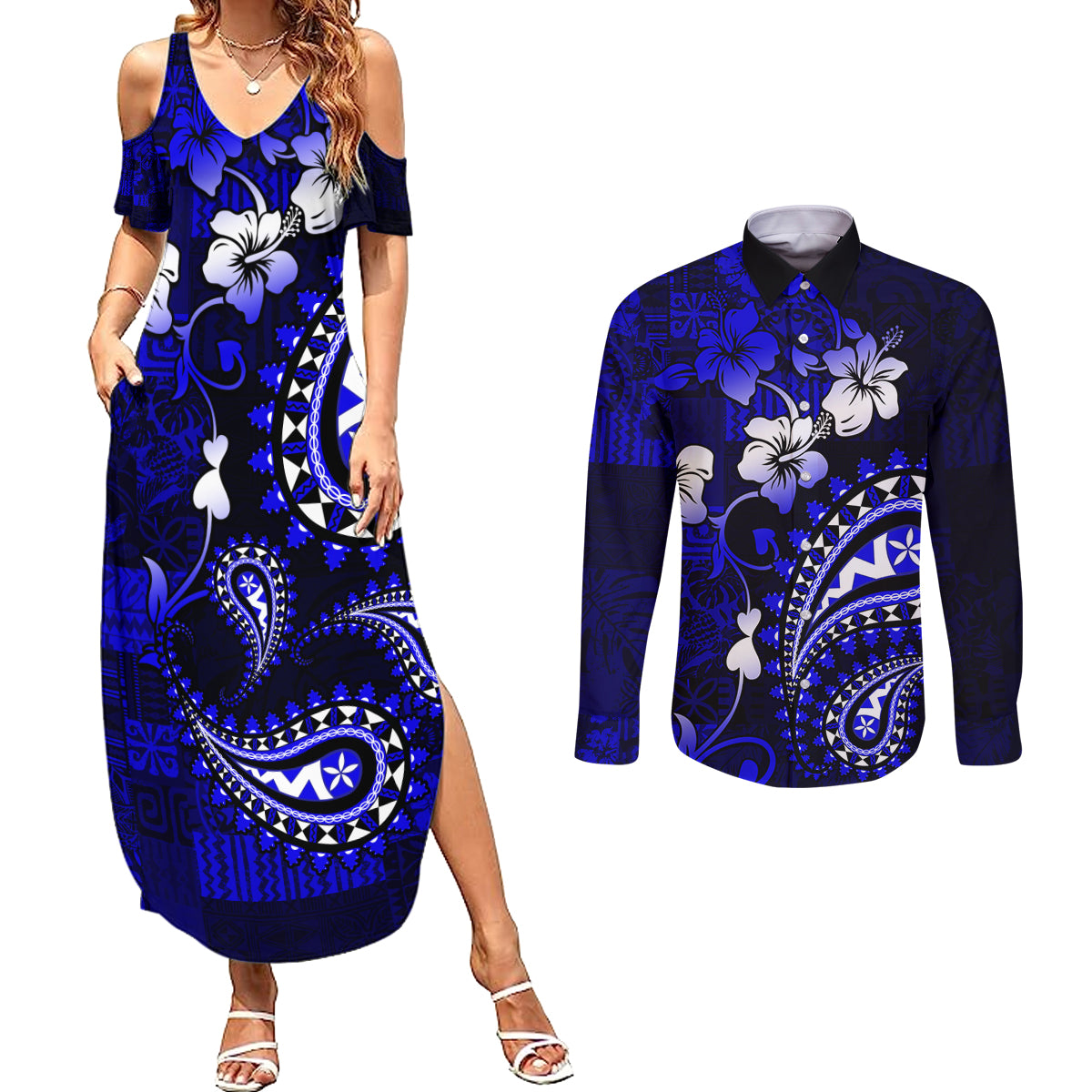Fiji Masi Paisley With Hibiscus Tapa Couples Matching Summer Maxi Dress and Long Sleeve Button Shirt Navy Blue Version LT01 Blue - Polynesian Pride