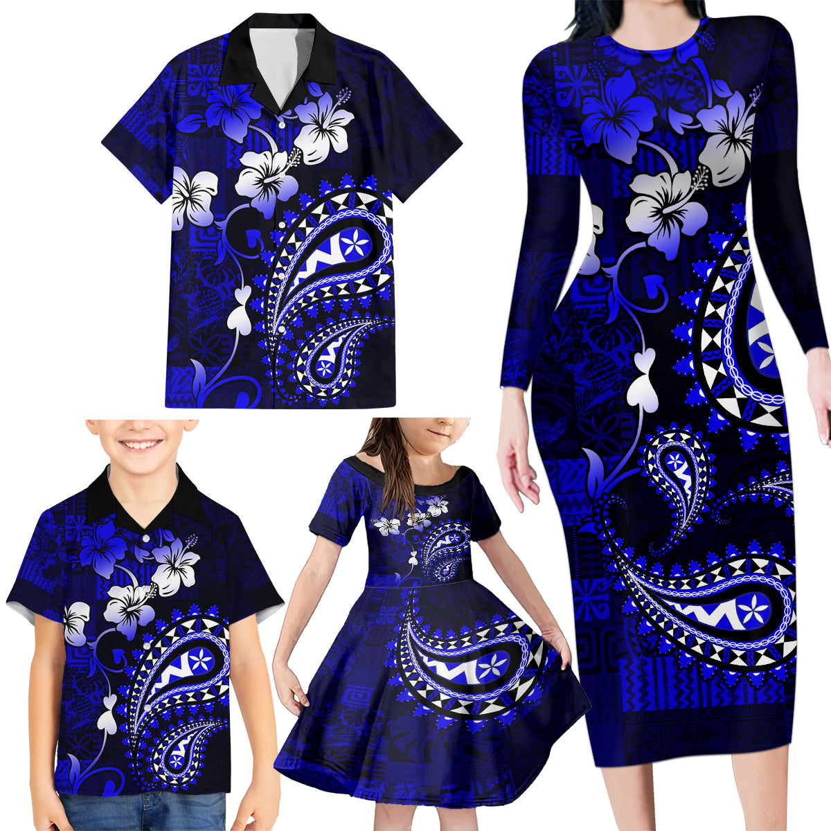 Fiji Masi Paisley With Hibiscus Tapa Family Matching Long Sleeve Bodycon Dress and Hawaiian Shirt Navy Blue Version LT01 - Polynesian Pride