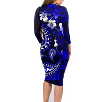 Fiji Masi Paisley With Hibiscus Tapa Family Matching Long Sleeve Bodycon Dress and Hawaiian Shirt Navy Blue Version LT01 - Polynesian Pride