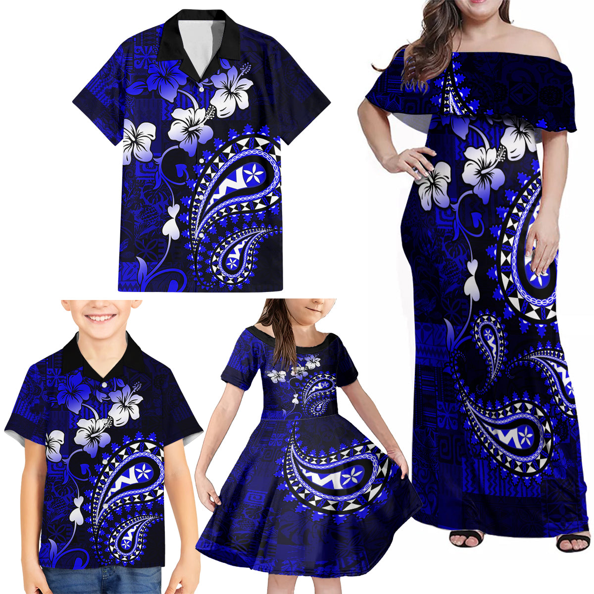 Fiji Masi Paisley With Hibiscus Tapa Family Matching Off Shoulder Maxi Dress and Hawaiian Shirt Navy Blue Version LT01 - Polynesian Pride