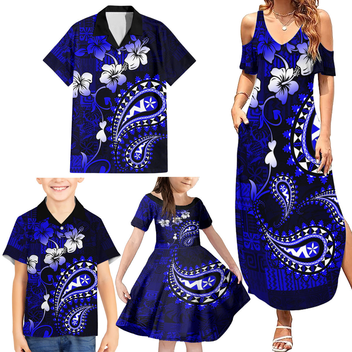 Fiji Masi Paisley With Hibiscus Tapa Family Matching Summer Maxi Dress and Hawaiian Shirt Navy Blue Version LT01 - Polynesian Pride