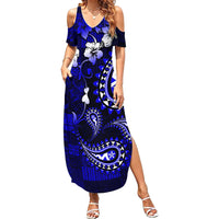 Fiji Masi Paisley With Hibiscus Tapa Family Matching Summer Maxi Dress and Hawaiian Shirt Navy Blue Version LT01 Mom's Dress Blue - Polynesian Pride