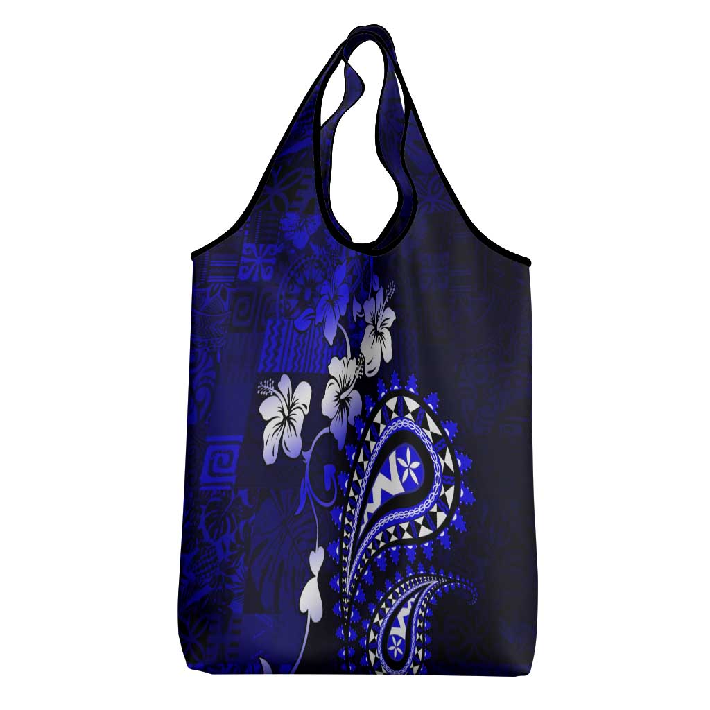 Fiji Masi Paisley With Hibiscus Tapa Grocery Bag Navy Blue Version