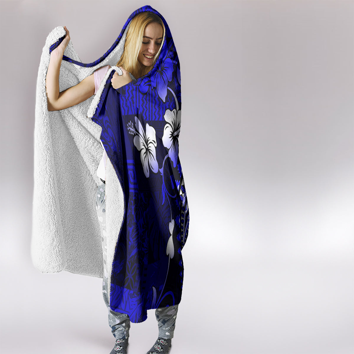 Fiji Masi Paisley With Hibiscus Tapa Hooded Blanket Navy Blue Version LT01 - Polynesian Pride