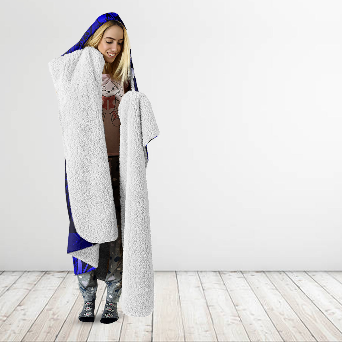 Fiji Masi Paisley With Hibiscus Tapa Hooded Blanket Navy Blue Version LT01 - Polynesian Pride