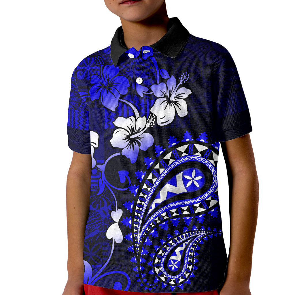 Fiji Masi Paisley With Hibiscus Tapa Kid Polo Shirt Navy Blue Version LT01 Kid Blue - Polynesian Pride