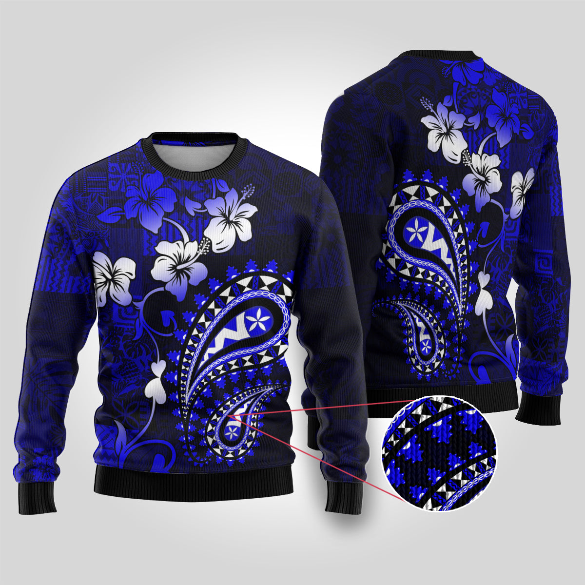 Fiji Masi Paisley With Hibiscus Tapa Ugly Christmas Sweater Navy Blue Version LT01 Blue - Polynesian Pride