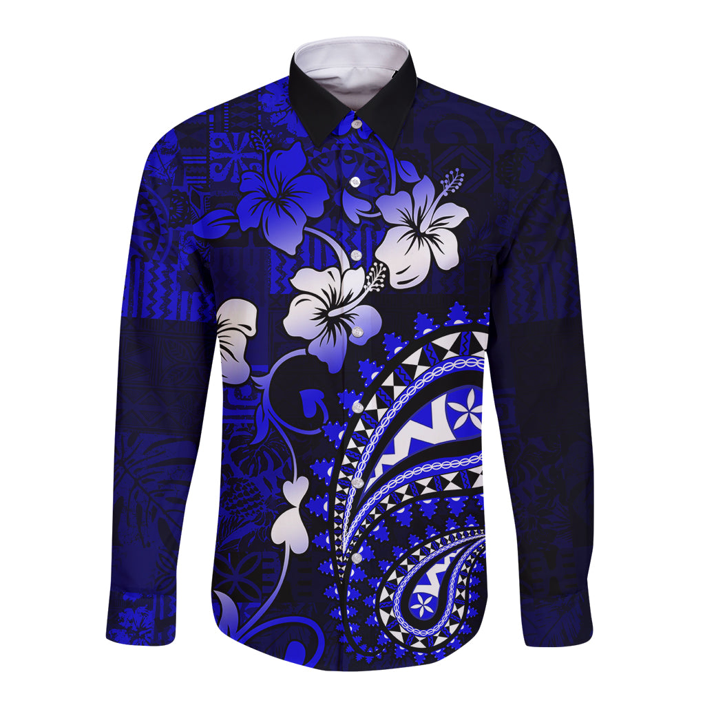 Fiji Masi Paisley With Hibiscus Tapa Long Sleeve Button Shirt Navy Blue Version LT01 Unisex Blue - Polynesian Pride