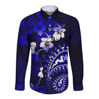 Fiji Masi Paisley With Hibiscus Tapa Long Sleeve Button Shirt Navy Blue Version LT01 Unisex Blue - Polynesian Pride