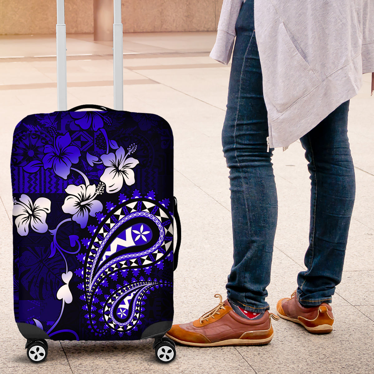 Fiji Masi Paisley With Hibiscus Tapa Luggage Cover Navy Blue Version LT01 Blue - Polynesian Pride