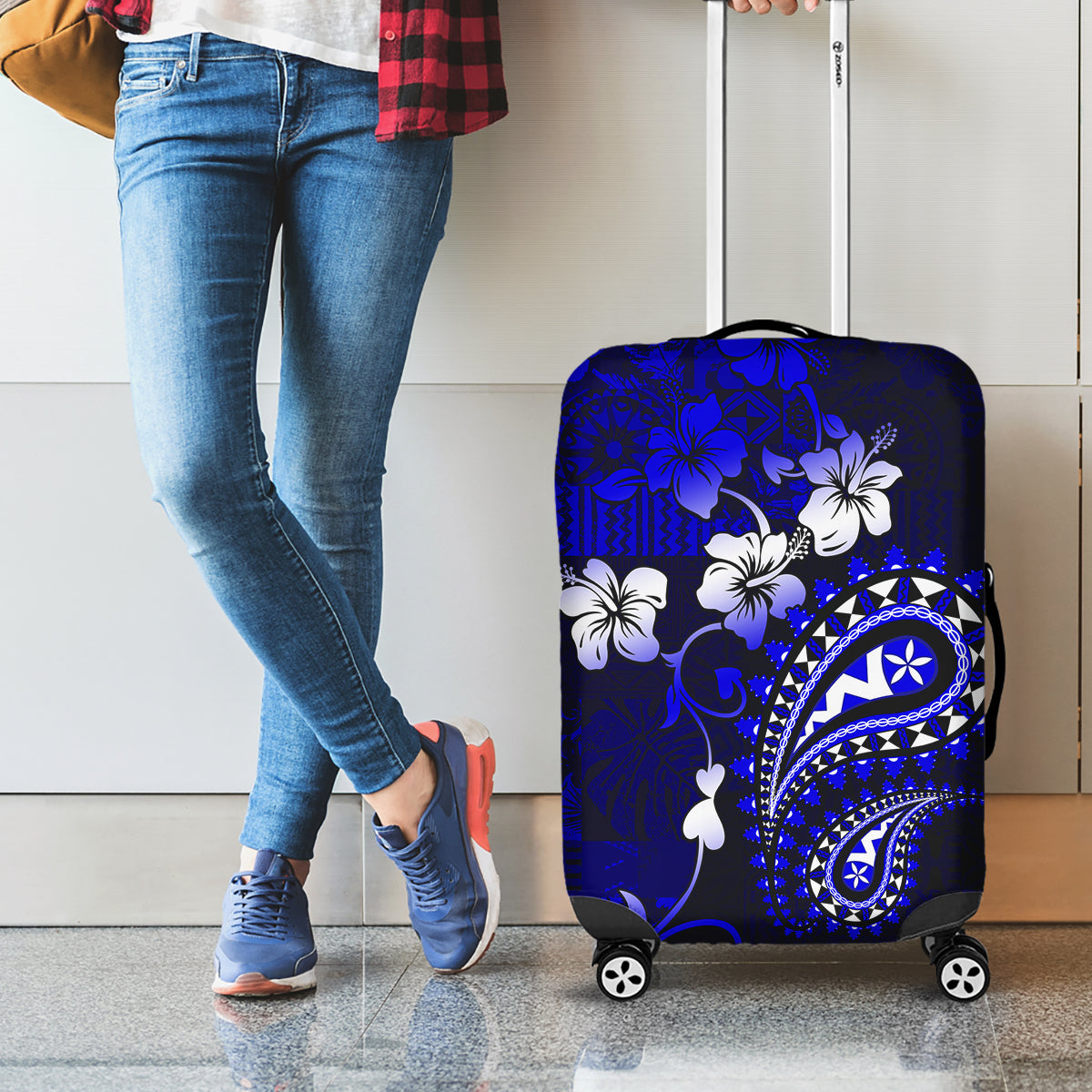 Fiji Masi Paisley With Hibiscus Tapa Luggage Cover Navy Blue Version LT01 - Polynesian Pride