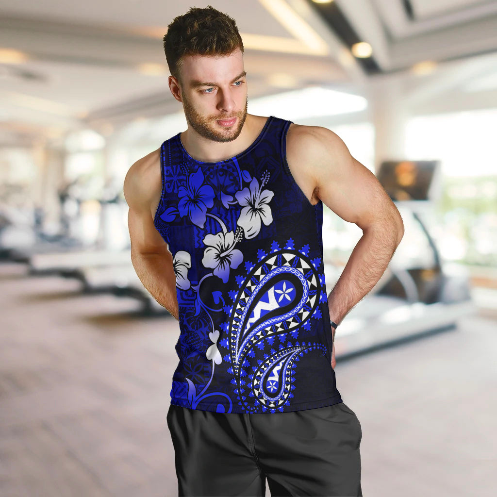 Fiji Masi Paisley With Hibiscus Tapa Men Tank Top Navy Blue Version LT01 Blue - Polynesian Pride