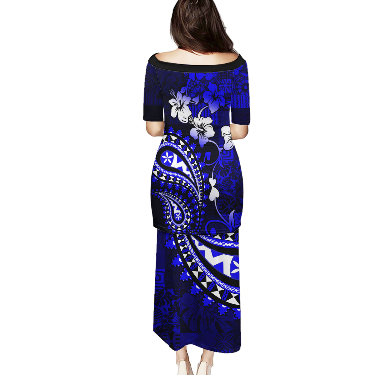 Fiji Masi Paisley With Hibiscus Tapa Puletasi Navy Blue Version LT01 - Polynesian Pride