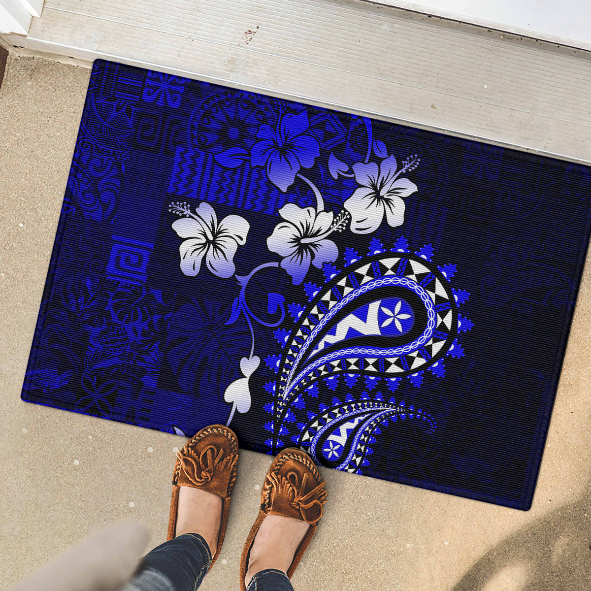 Fiji Masi Paisley With Hibiscus Tapa Rubber Doormat Navy Blue Version LT01 - Polynesian Pride