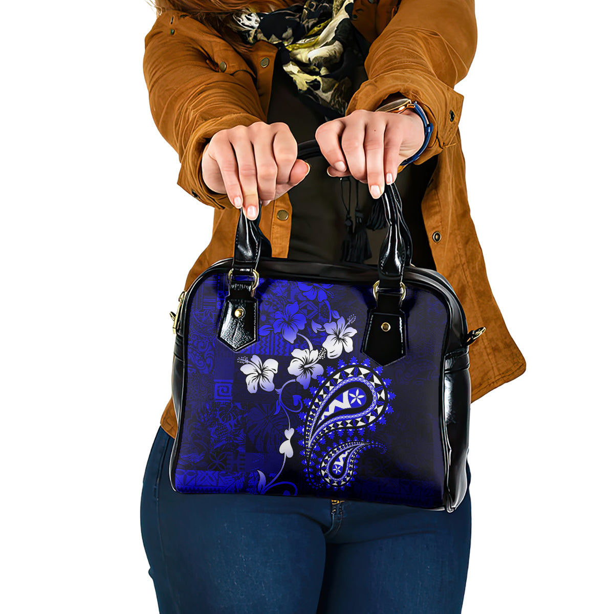 Fiji Masi Paisley With Hibiscus Tapa Shoulder Handbag Navy Blue Version LT01 One Size Blue - Polynesian Pride