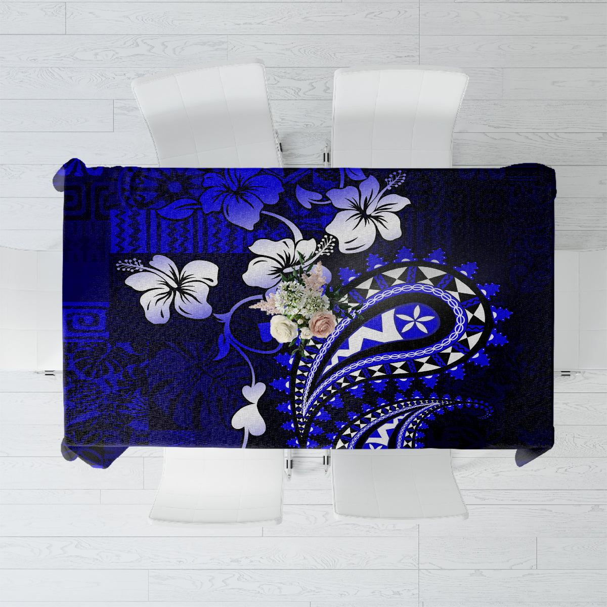 Fiji Masi Paisley With Hibiscus Tapa Tablecloth Navy Blue Version LT01 Blue - Polynesian Pride