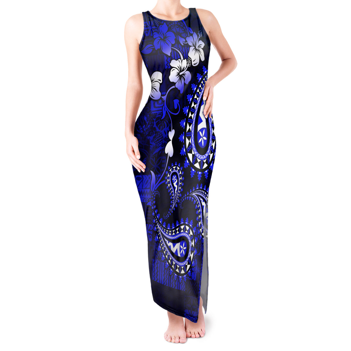 Fiji Masi Paisley With Hibiscus Tapa Tank Maxi Dress Navy Blue Version LT01 Women Blue - Polynesian Pride