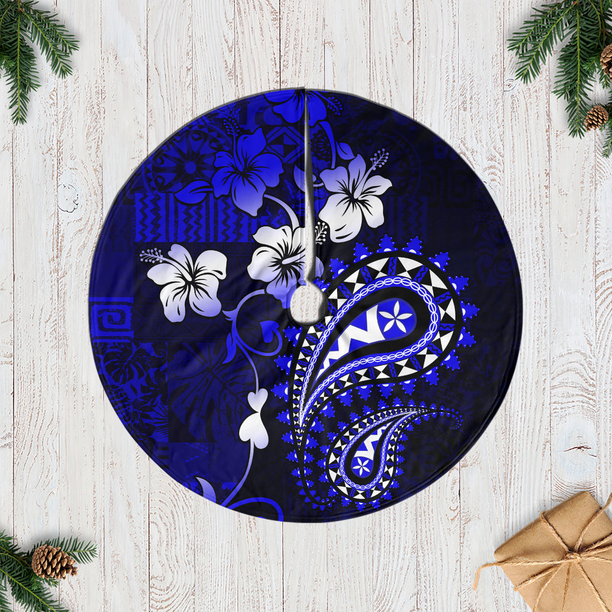 Fiji Masi Paisley With Hibiscus Tapa Tree Skirt Navy Blue Version LT01 Casual Tree Skirts Blue - Polynesian Pride