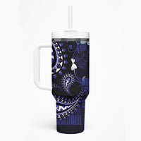 Fiji Masi Paisley With Hibiscus Tapa Tumbler With Handle Navy Blue Version