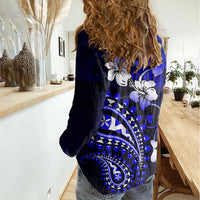 Fiji Masi Paisley With Hibiscus Tapa Women Casual Shirt Navy Blue Version LT01 - Polynesian Pride