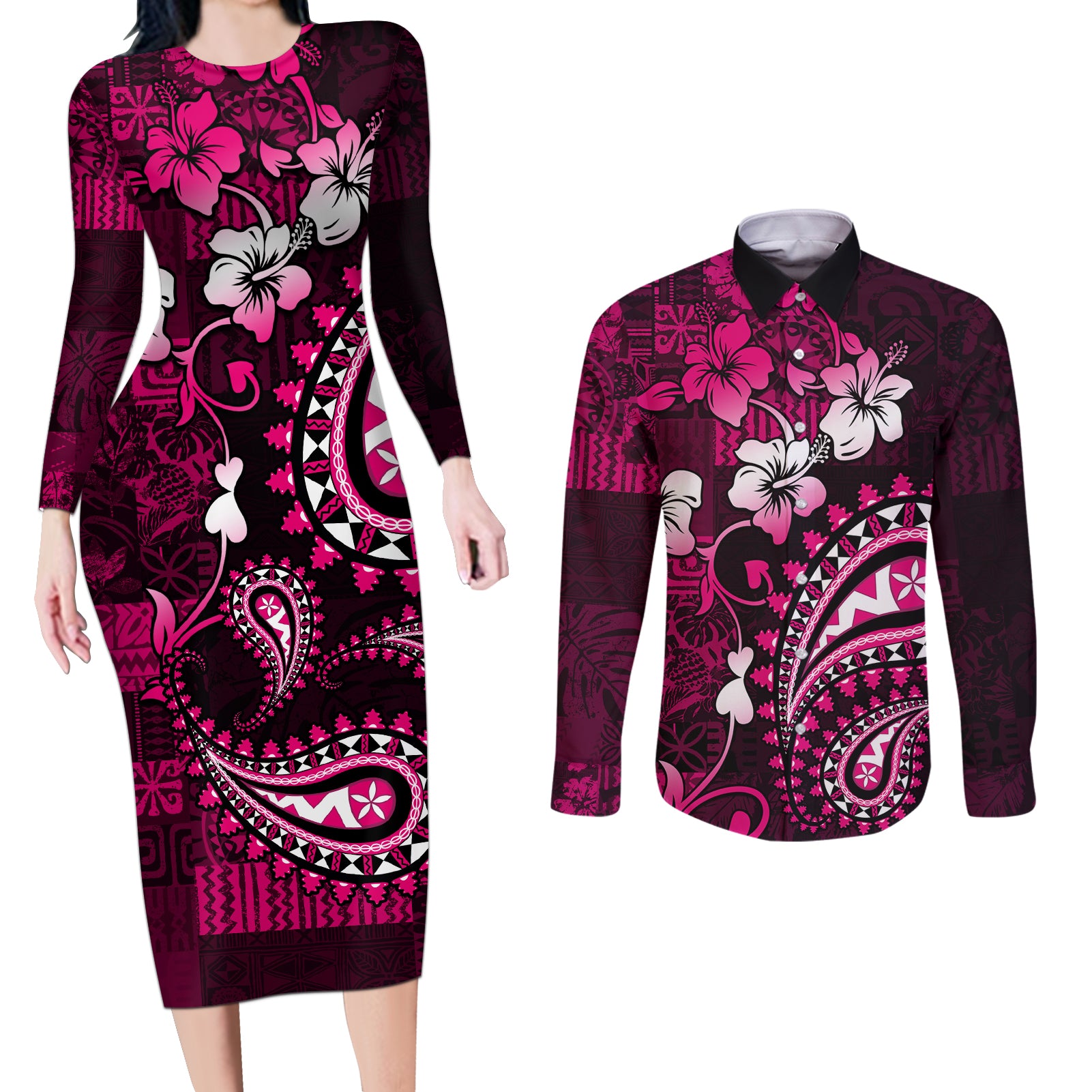 Fiji Masi Paisley With Hibiscus Tapa Couples Matching Long Sleeve Bodycon Dress and Long Sleeve Button Shirt Pink Version LT01 Pink - Polynesian Pride