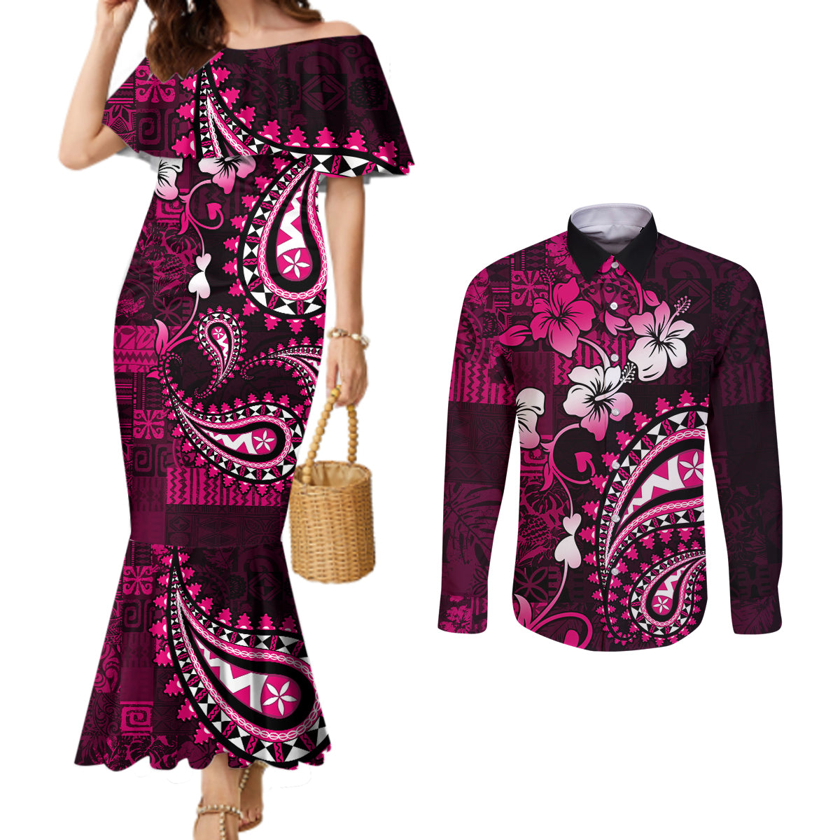 Fiji Masi Paisley With Hibiscus Tapa Couples Matching Mermaid Dress and Long Sleeve Button Shirt Pink Version LT01 Pink - Polynesian Pride