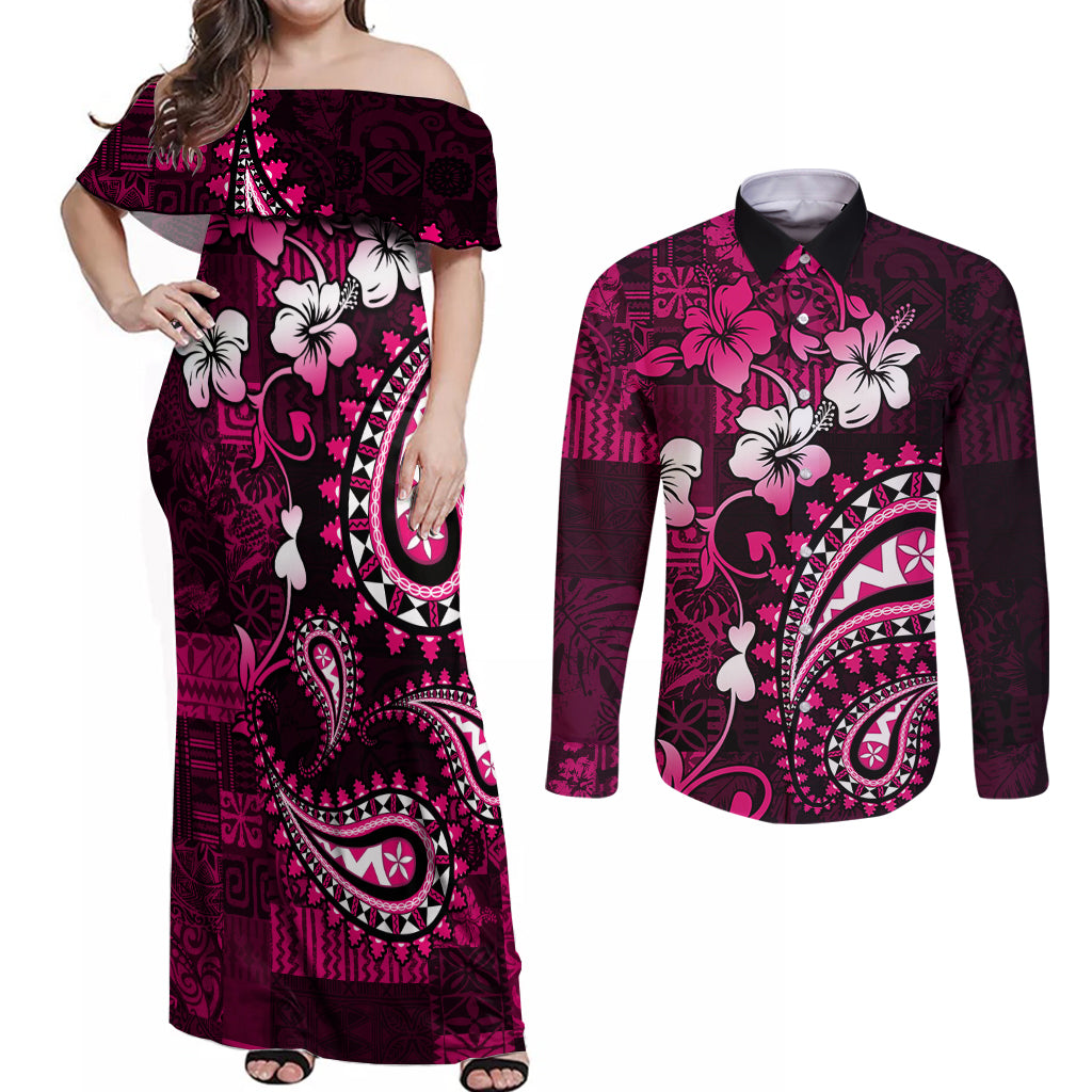 Fiji Masi Paisley With Hibiscus Tapa Couples Matching Off Shoulder Maxi Dress and Long Sleeve Button Shirt Pink Version LT01 Pink - Polynesian Pride