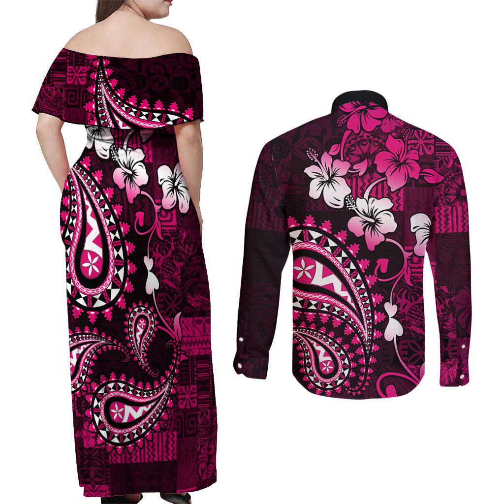 Fiji Masi Paisley With Hibiscus Tapa Couples Matching Off Shoulder Maxi Dress and Long Sleeve Button Shirt Pink Version LT01 - Polynesian Pride