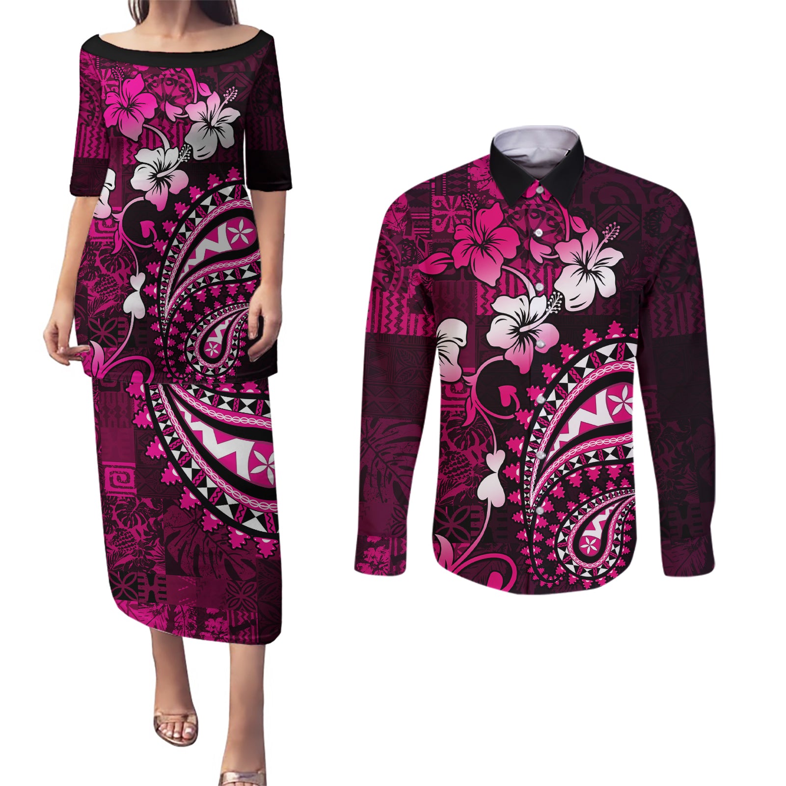 Fiji Masi Paisley With Hibiscus Tapa Couples Matching Puletasi Dress and Long Sleeve Button Shirt Pink Version LT01 Pink - Polynesian Pride