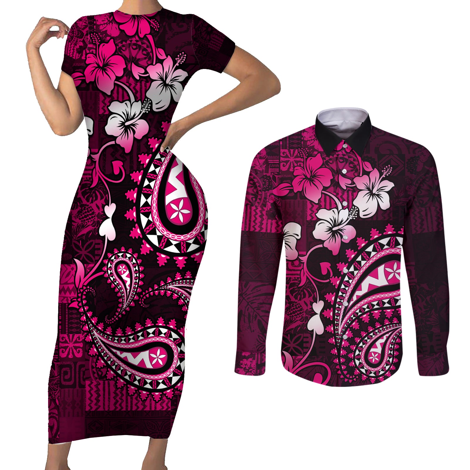 Fiji Masi Paisley With Hibiscus Tapa Couples Matching Short Sleeve Bodycon Dress and Long Sleeve Button Shirt Pink Version LT01 Pink - Polynesian Pride