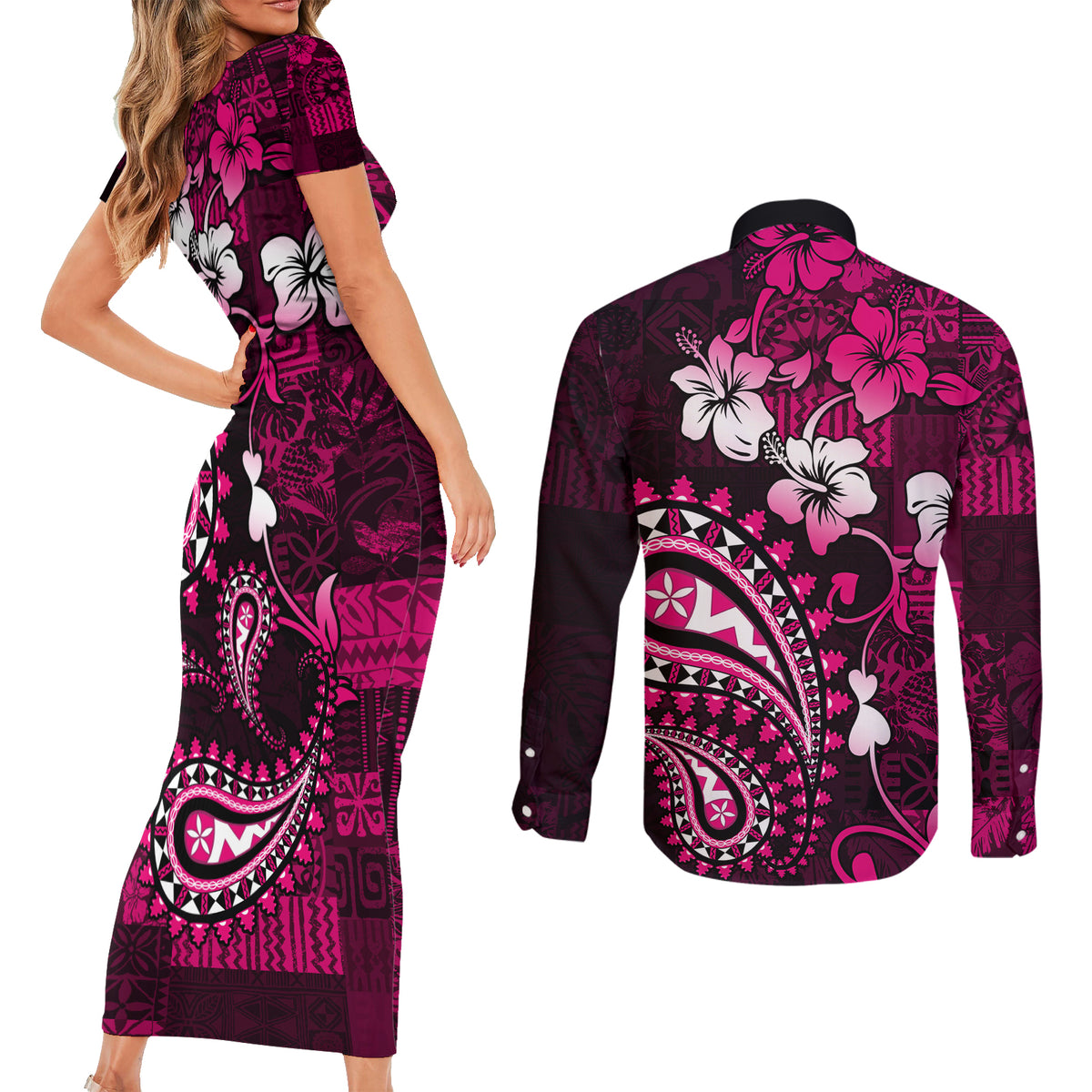 Fiji Masi Paisley With Hibiscus Tapa Couples Matching Short Sleeve Bodycon Dress and Long Sleeve Button Shirt Pink Version LT01 - Polynesian Pride
